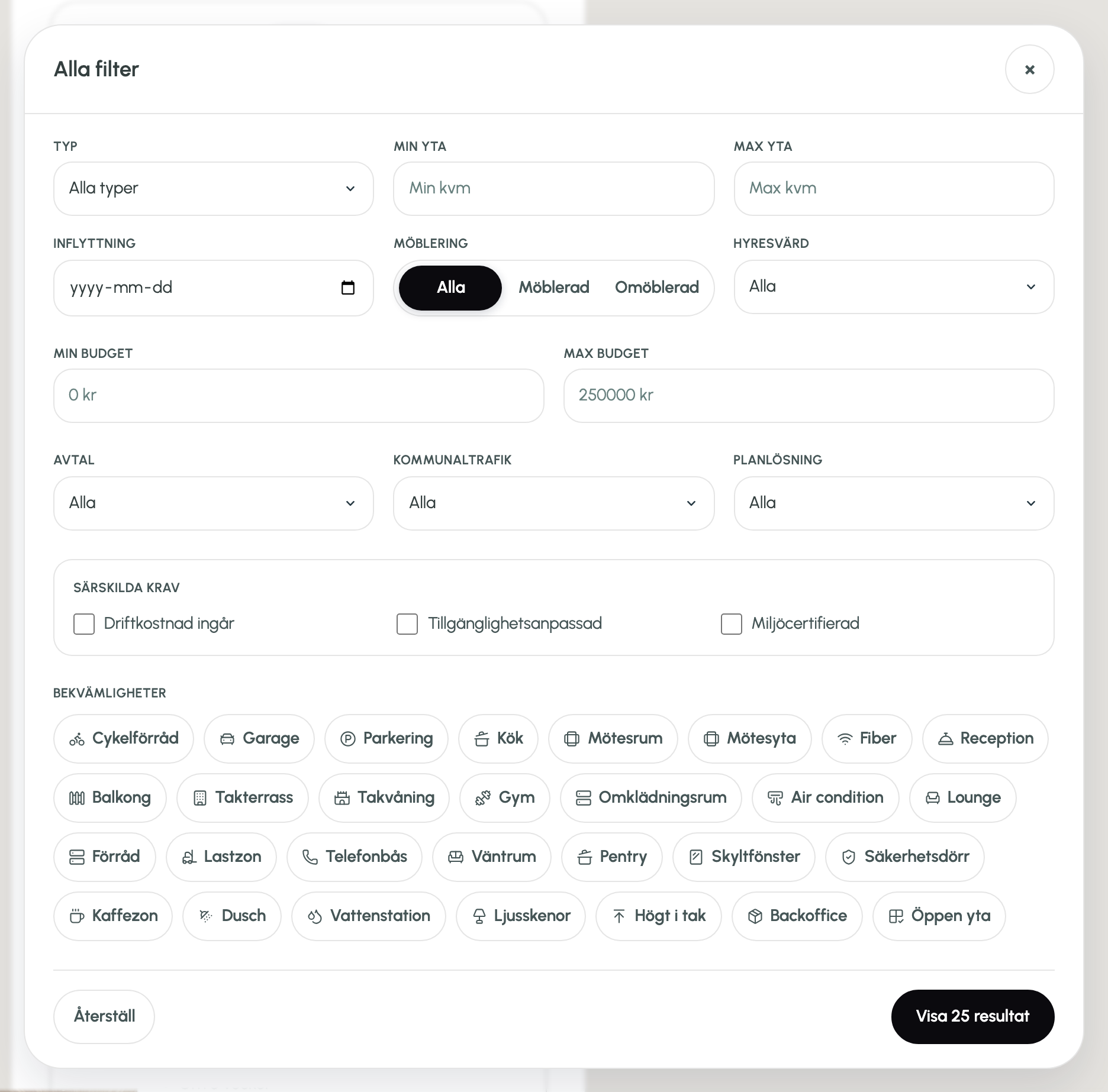 The “Alla filter” panel: dropdowns and inputs for type, size, move-in, furnishing, budget, contract, transit and layout, above a grid of amenity chips and a “Visa 25 resultat” button.